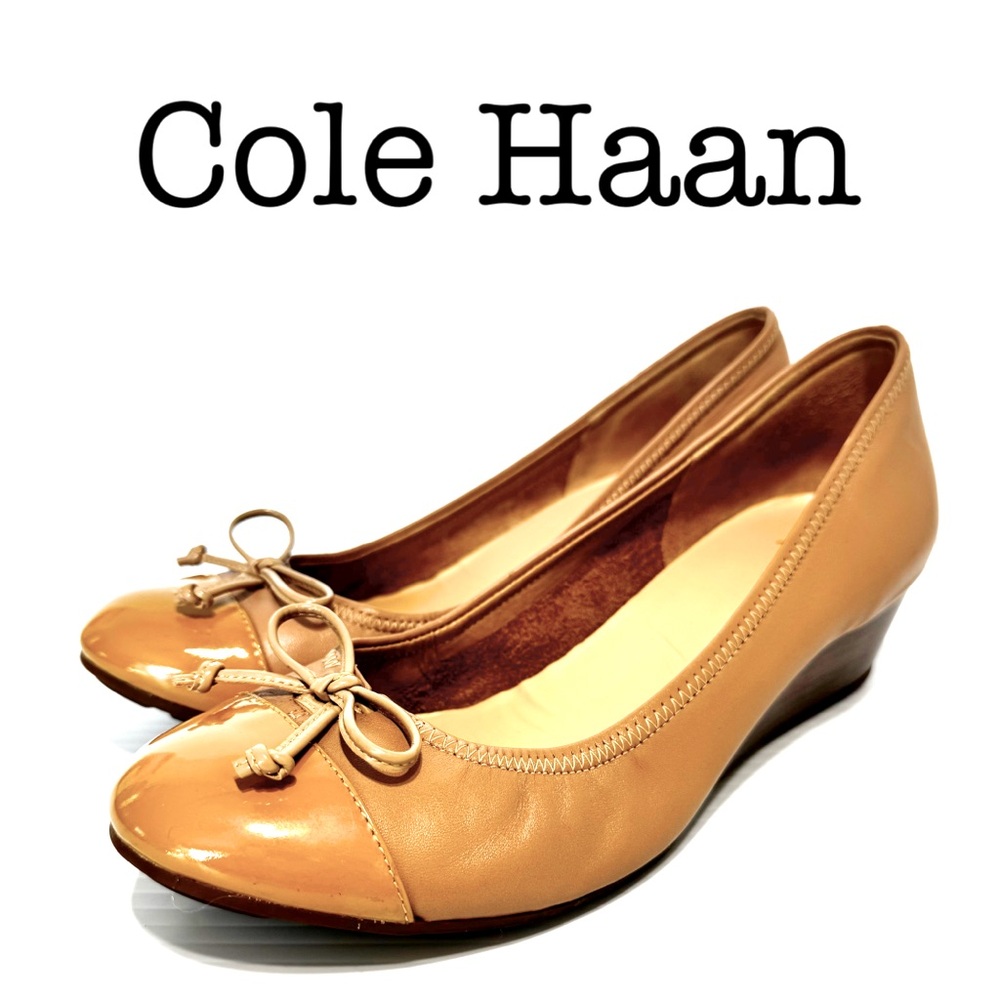 Cole Haan Milly Patent Leather Cap Toes Tan Wedge Heels Size 8 1/2
